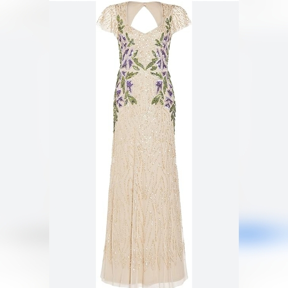 Adrianna Papell Floral Beaded Sweetheart Neck Cap Sleeves Shealth Long Gown 12 - Picture 2 of 16